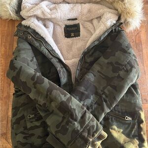 Revamped Camouflage Outerwear with Faux Fur. Womens. Super cute.